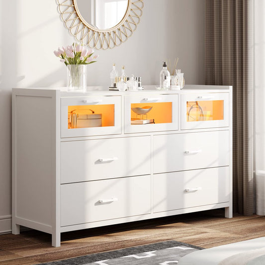 White Dresser for Bedroom,7 Drawer Dressers with LED Lights  Bedroom Closet Wooden